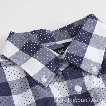 Camisa xadrez de algodão xadrez com mangas curtas e curvas curtas